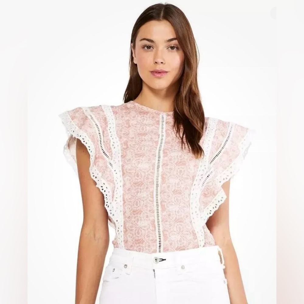 NWT MISA Women’s Linen Blend Eyelet Nilu Top Washed Tile Pink Size M